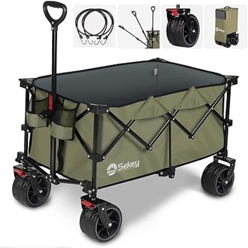 Sekey 220L Collapsible Foldable Wagon with 330lbs Weight Capacity, Heavy Duty Folding Utility Garden Cart with Big All-Terrain Beach Wheels & Drink Holders. Khaki