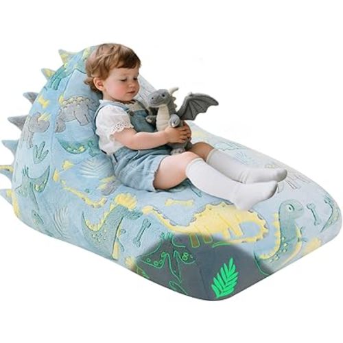 COMAX Dinosaur Bean Bag Chairs for Kids, Kid Beanbag Chair with Filler, Toddler Lounge Bean Chair, Children Lazy Floor Lounger for Girls Boys, Glowing Blue Dino
