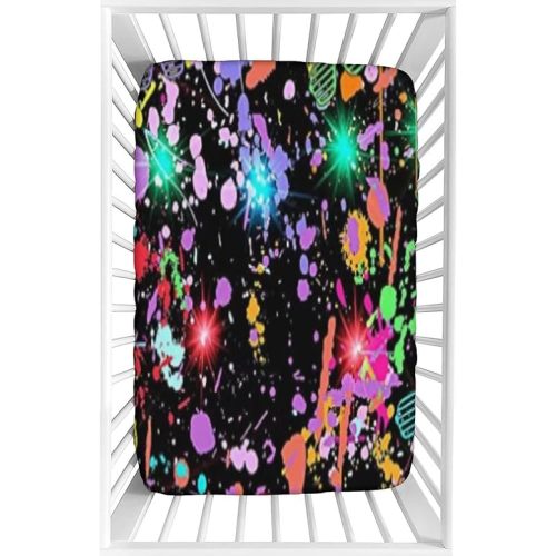 Decorative Crib Sheet,Neon Glow Fitted Microfiber Baby & Toddler Crib Sheets,28"x52"x9",Paint Splatter Graffiti Glow Party 80s 90s Themed Print Crib Sheet Set, for Standard Crib and Toddler Mattresses