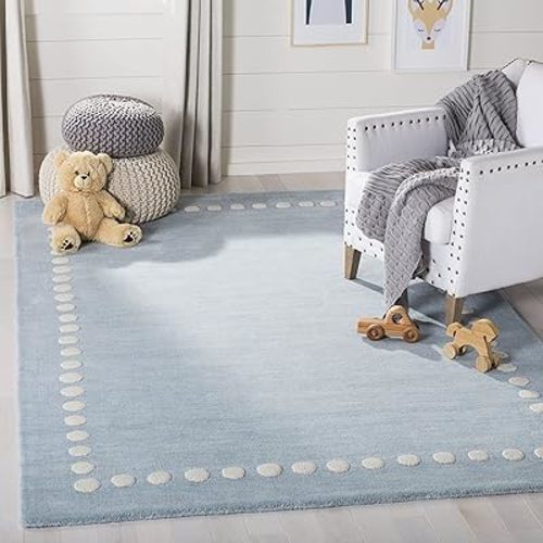 SAFAVIEH Kids Collection Area Rug - 6' x 9', Blue & Ivory, Handmade Polka Dot Border Wool, Ideal for High Traffic Areas in Living Room, Bedroom (SFK802M)