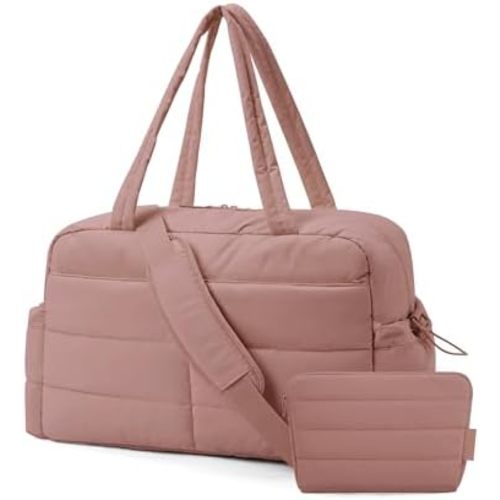 BAGSMART Gym Bag for Women, 31L Travel Duffle Bag Puffer Tote Quilted Laptop Carry on, Weekender Overnight Organizer for Travel, Water Resistant, Dark Pink