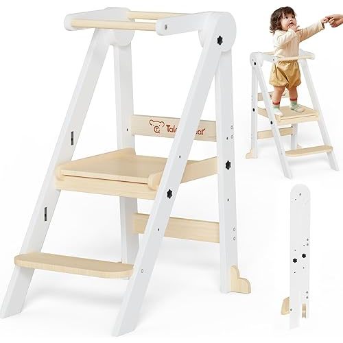 Foldable Toddler Kitchen Stool Helper, Toddler Standing Tower with 3 Adjustable Heights, Collapsible Wooden Step Stool for Kitchen & Bathroom, Montessori Learning Helper Tower for Toddlers Aged 1-6