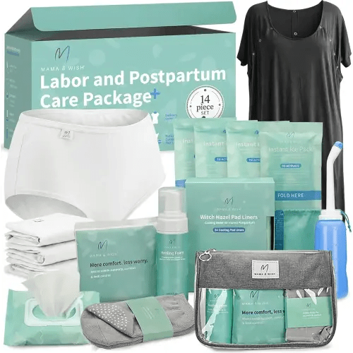 Mama & Wish Postpartum Essentials Kit (14-Piece) - Includes Hospital Post Partum Essentials for Women After Birth, Labor and Delivery Gown, Peri Bottle, Witch Hazel Foam, Pad Liners & More