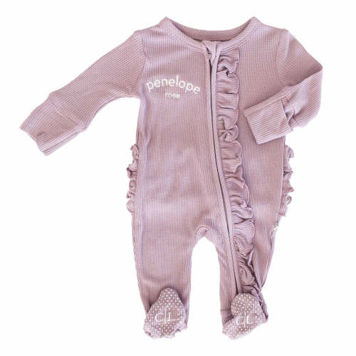 Personalized Bamboo Waffle Zipper Ruffle Footie | Amethyst