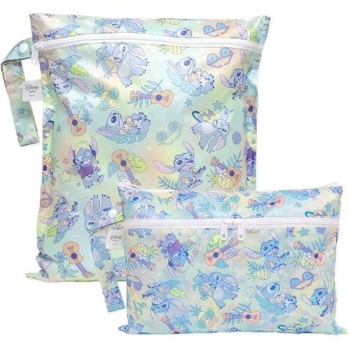 Bumkins Disney Stitch Waterproof Wet Bag and Wet Dry Clutch Bags for Baby, Travel, Swim Suit, Cloth Diapers, Pump Parts, Pool, Gym Clothes, Toiletry, Hook to Stroller, Daycare, Packing Pouch, 2-pk