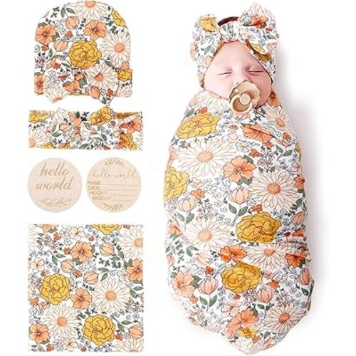 BQUBO Baby Girl Newborn Floral Receiving Blankets with Bow Hat Headband Wooden Birth Announcement Card Set Newborn Baby Swaddling Hats Sleepsack Toddler Warm Shower Gift