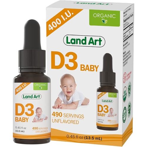 Certified Organic Vitamin D3 Drops - for Baby - 400 IU per Drop - 490 Servings - Development and Maintenance of Bones and Teeth - GMO Free - Gluten Free – 0.45 fl oz (13.5 ml)