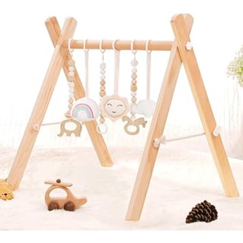 HAN-MM Wooden Baby Gym with 6 Wooden Baby Toys Foldable Baby Play Gym Frame Activity Gym Hanging Bar Newborn Gift Baby Girl and Boy Gym (Natural Color)