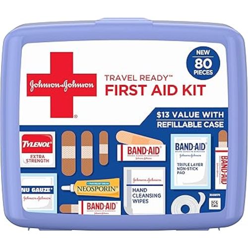 Johnson & Johnson Travel Ready Portable Emergency First Aid Kit for Minor Wound Care with Assorted Adhesive Bandages, Gauze Pads & More, Ideal for Travel, Car & On-The-Go, 80 pc