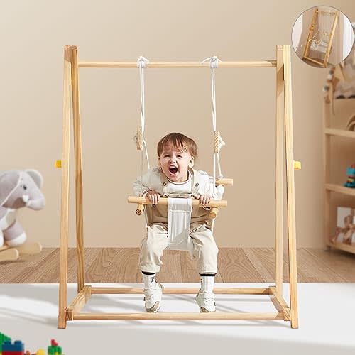 FUNLIO Montessori Wooden Swing Set for Toddlers 6-36 Months, Foldable Baby Swing Set with Durable Pine, Portable with 4 Sandbags &Extension Straps, Toddler Swing for Indoor/Outdoor/Backyard