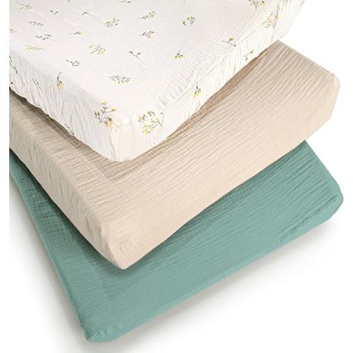 Muslin Changing Pad Cover for Boys Girls 100% Cotton Fitted Baby Diaper Changing Table 3 Pack Soft and Breathable for Standard Changing Table Topper 32"x16"