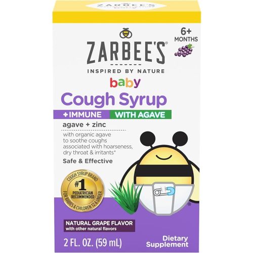 Zarbee's Baby Cough Syrup + Immune with Organic Agave + Zinc; Natural Grape Flavor; for Babies 6+ Months, 2 Fl Oz(Pack of 1)
