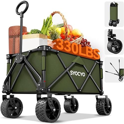 Collapsible Folding Wagon Cart, Heavy Duty Wagon Foldable with 330lbs Weight Capacity, Utility Garden Cart, Beach Wagon with All-Terrain Wheels for Camping, Sports, Shopping, Army Green