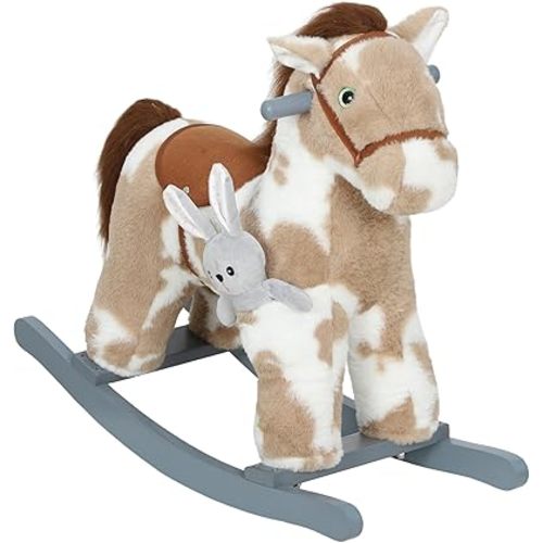 Qaba Rocking Horse, Kids Plush Animal Rocker with Realistic Neighing Sound for Toddlers 2–5 Years Old, Soft Filling Ride on Horse with Rabbit Toy, Light Brown