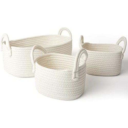Woven Basket Set of 3 - White Rope Storage Baskets Small Nursery Baskets for Baby Kid Toys, Soft Cotton Basket Bins for Bathroom Bedroom Organizing, Off White