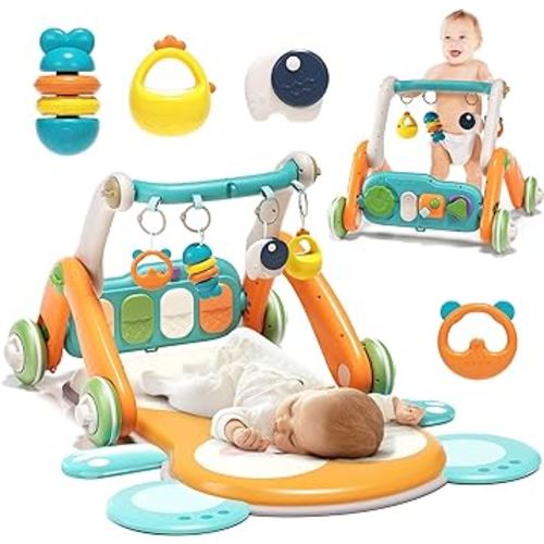 2 in 1 Baby Gym with Walker,Baby Play Mat with 5 Infant Learning Sensory,Double-Sided Multifunctional Removable Play Piano Panel,Sit-to-Stand Learning Walker for 0-24 Months Boy Girl [Orange]