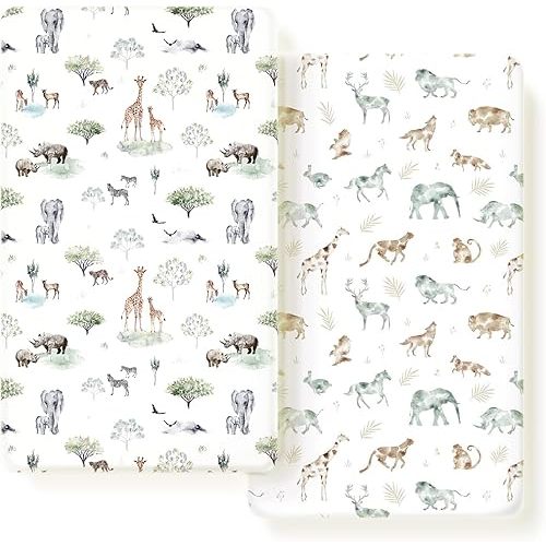 Stretch Ultra Soft Jersey Knit Fitted Crib Sheets Set 2 Pack，Fit All Standard Crib Mattress Pads Safe and Snug, Crib Fitted Sheet for Baby, Stylish African Savannah Animals Pattern