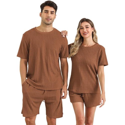 EISHOPEER Matching Pajamas for Couples Ribbed Knit Pajama Short Sleeve Soft Sleepwear 2 Piece Loungewear S-XXL