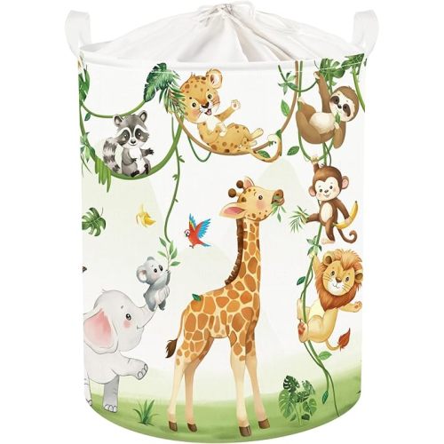 Giraffes Baby Laundry Hamper with Handle Collapsible Clothes Kids Storage Basket Elephants Boys Girls Gift Toy Box Bin for Nursery Room, White, 63L
