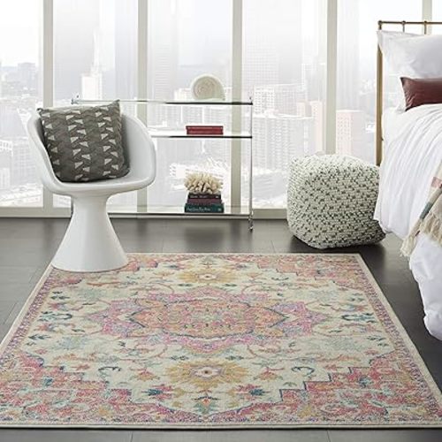 Nourison Passion Ivory/Pink 5'3" x 7'3" Area Rug, Boho, Moroccan, Bed Room, Living Room, Dining Room, Kitchen, Easy Cleaning, Non Shedding, (5' x 7')