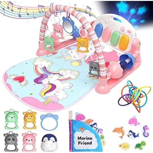 Baby Play Mat, Tummy Time Activity Mat Toys, Lovely Piano Baby Play Gym with 7 Infant Sensory Baby Toys, Baby Floor Play Mat for Newborn Baby 0-6-12 Months Girls(Unicorn)
