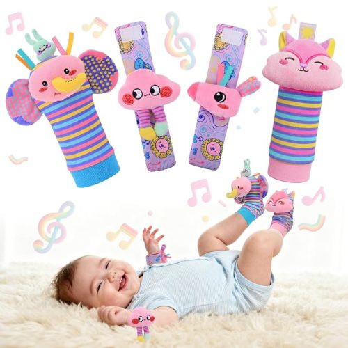 Baby Toys 0-6 Months, Rattle Socks and Wrist Sensory Toys for Infants, Socks and Foot Finder Set with Sound for Babies 6-12 Months, 0-12 Months Newborn Essentials Toy, Baby Girl Shower Gifts - Pink