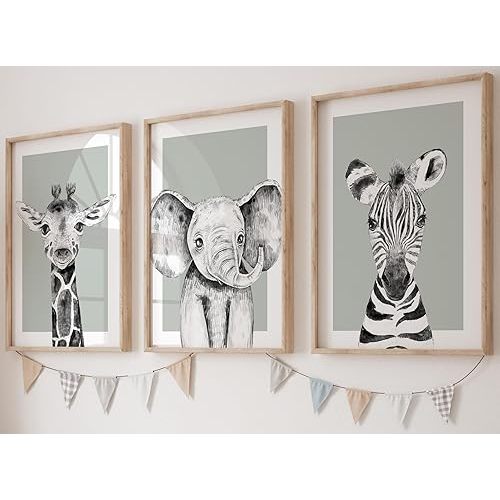 Safari Animals Baby Girl Boy Set of 3 Nursery Unframed Prints, Bedroom Decor Wall Art Posters, Black and White Elephant Giraffe Zebra, Green Background (8x10)