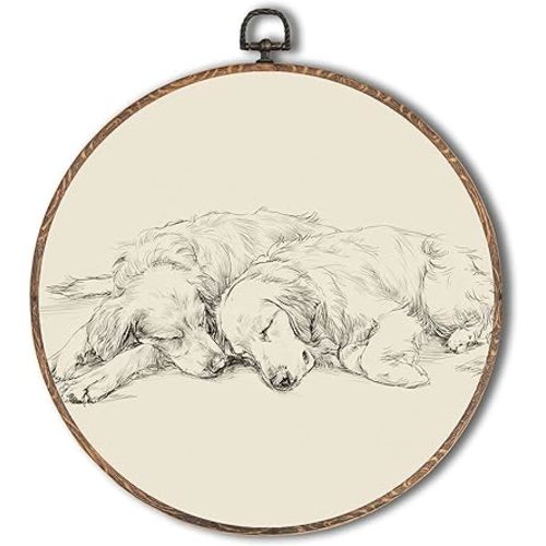 Yorhifa Neutral Golden Retriever Dog Framed Wall Art, Golden Retriever Gifts Round Wall Art, Dog Mom Lovers Gifts Round Walls Decor, Vintage Sketch Puppy Circle Canvas Artwork Hanging Decor, 10x10in