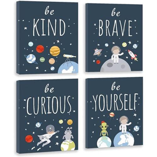 CHDITB Outer Space Canvas Wall Art, Abstract Universe Planet Print, Be Kind Inspirational Space Poster for Kids Room Boys Bedroom Nursery Playroom Decor-Set of 4 (8” X 10”) Framed Ready to Hang