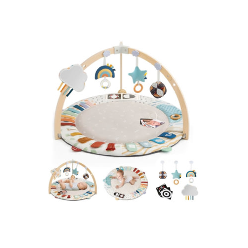 Blissful Diary Baby Play Gym & Activity Mat, 5 Developmental Zones Wooden Tummy Time Mat with 5 Detachable Sensory Toys for Motor Skills & Sensory Development, Baby Essentials Shower Gift