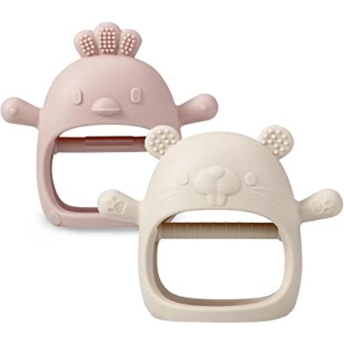 PandaEar 2 Pack Silicone Baby Teething Toys| Baby Hand Teether Mitten for Sucking Needs| Baby Chew Toys Hand Pacifier for Soothing Teething Pain Relief (White/Pink)