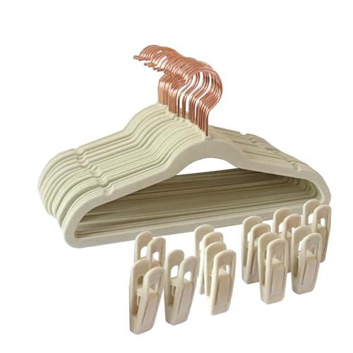 Tonswachic Baby Velvet Hangers 30 Pack - 11'' Inch Premium Non Slip Kids Felt Hanger for Infant Clothes - Ultra Thin Baby Felt Hangers for Toddler Children's Closet with 10 Hanger Clips - Beige