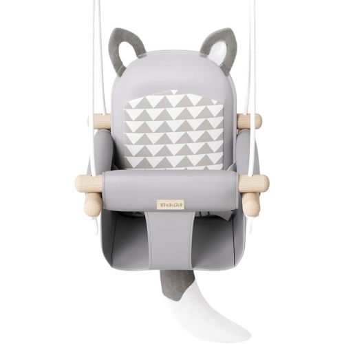 Wooden Hanging Baby Swing with Soft Safety Belt, Cozy Infant Swing Seat for Indoor & Outdoor Use, Adjustable Height, Includes Mounting Hardware – Suitable for Babies & Toddlers（Fox-Themed in Gray