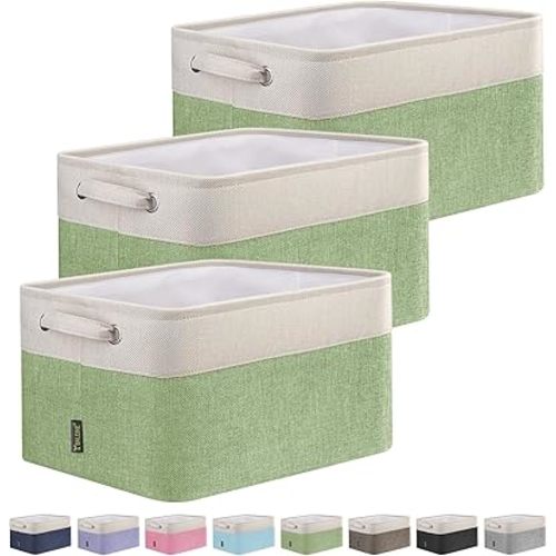 BALEINE 3 Pack Fabric Storage Bins for Shelves, Linen Storage Baskets for Organizing, Decorative Closet Bins for Clothes, Home (Green, 15''x11''x9.5'')
