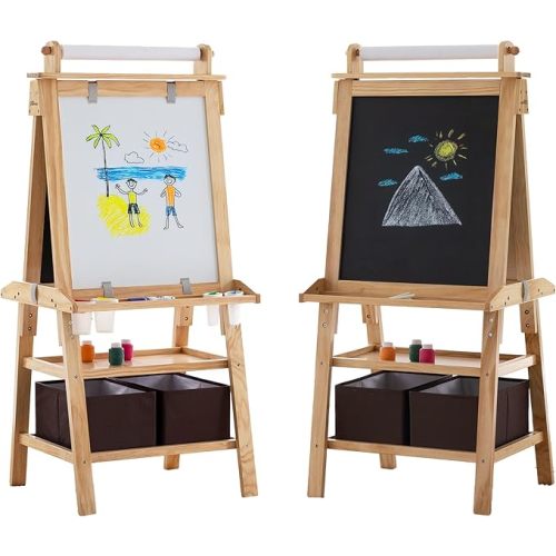 Little Partners Deluxe Learn 'N Play Toddler Easel for Kids, Two-Sided Art Center with Chalkboard, Magnetic Dry Erase Whiteboard, Paper Feed, Storage Bins, Paint Containers (Natural)