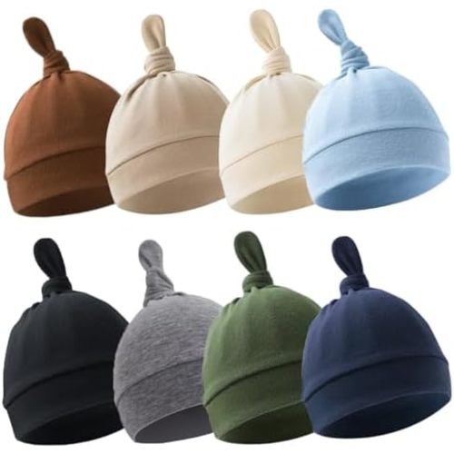 BEoffer 8 Pack Baby Newborn Hats Set Top-Knot Beanie Soft Stretchable Hats Adjustable Caps for Infant Girls Boys 0-6 Months