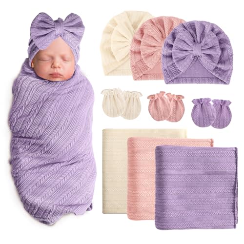 AQOKKA Newborn Receiving Blanket with Bow Hat Mittens Set Wheat-Pattern Newborns Toddler Baby Boy Girl Nursery Swaddle Wrap