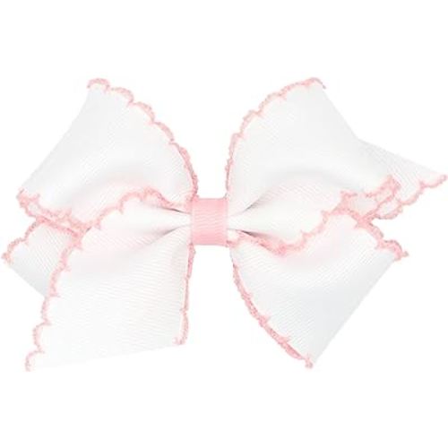 Wee Ones Girls' Grosgrain Hair Bow with Contrasting Moonstitch Edge and Wrap on a WeeStay Hair Clip, Small, White with Light Pink