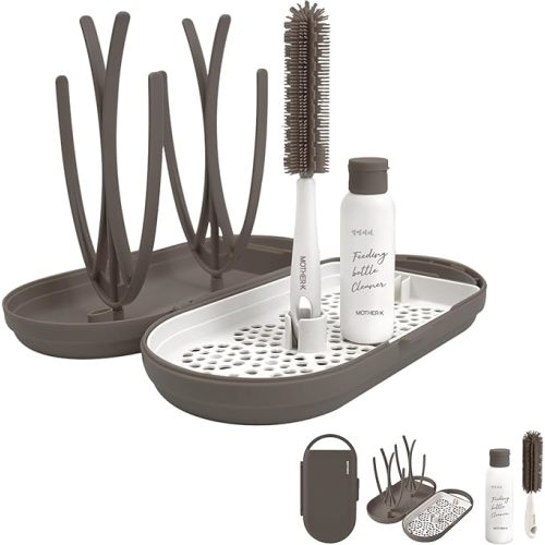 MOTHER-K Travel Baby Bottle Drying Rack with Bottle Brush & Soap Dispenser, Baby Essentials for Travel (Brown)