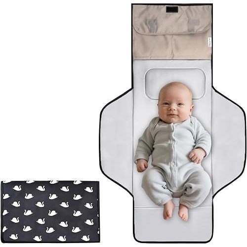 Extra Long Large Lightweight Portable Diaper Changing Mat with Storage Pockets,Swan Waterproof Foldable Travel Changing Pad,On The Go Wipeable Reusable Changing Pad for Car, Diaper Bag (Swan)