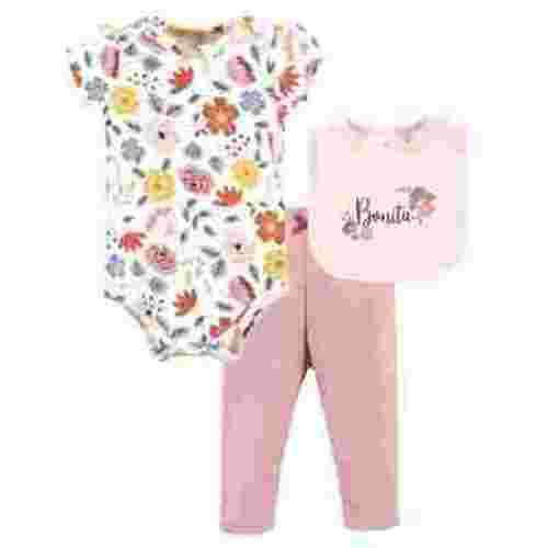Hudson Baby Infant Girl Cotton Bodysuit, Pant and Bib Set, Bonita, 0-3 Months
