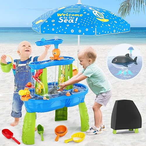 Water Table for Toddlers 3-5 with Umbrella/Water Pumb/Water Table Cover, 3-Tier Kids Sand Water Table, Rain Showers Splash Pond for Outdoor Beach, Activity Sensory Play Table for Boys Girls
