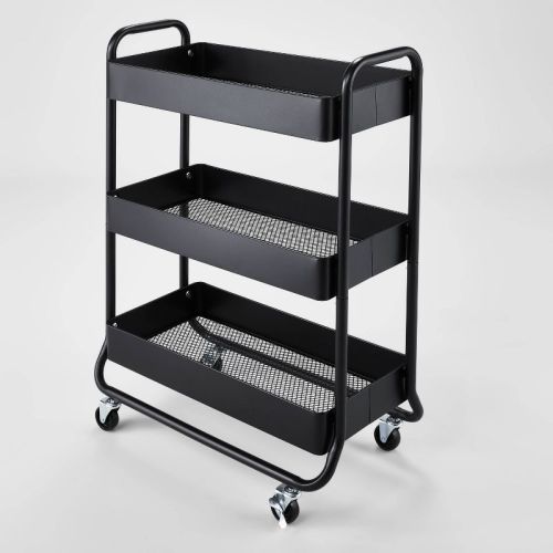 Wide Metal Utility Cart Black - Brightroom™: Rolling Storage Cart with Casters, Fixed Shelves, Universal Storage