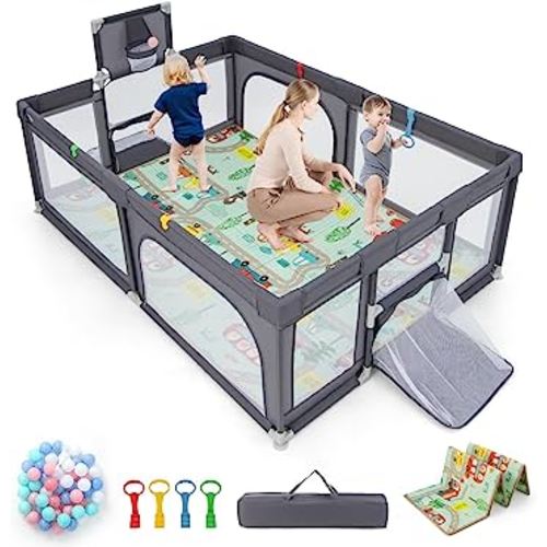 Costzon Large Baby Playpen with Mat, Playpen for Babies and Toddlers w/Basketball Hoop & Soccer Nets, Pull Rings & Ocean Balls, Zippered Gates, Portable Indoor Safety Sturdy Play Yard (Dark Gray)