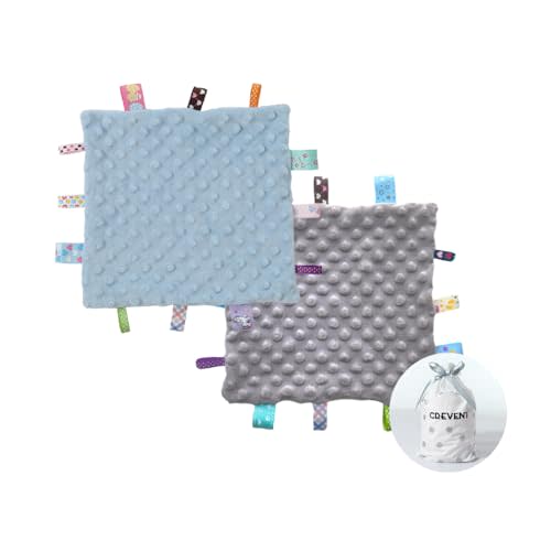 CREVENT Tag Security Blankets for Babies, Soft Small Taggie for Boys Girls, Baby Comforter Sensory Blanket, Great Gifts for Birthday Baby Shower 10"X10" (Blue+Grey)