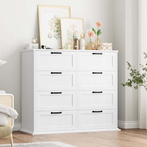 Homfa Horizontal 8 Drawer Dresser, White Wood Storage Cabinet, Double Dresser for Bedroom Living Room