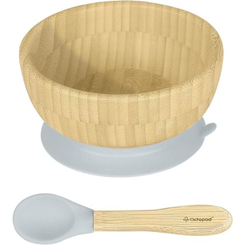 Abiie Octopod Bamboo Dish - Fun Kids 3-Compartment Baby Plates with Suction for 4 months and up, High-Chair Bamboo Baby Plate, Mess-Free Toddler Suction Plates, Ergonomic Baby Feeding Supplies-Gray