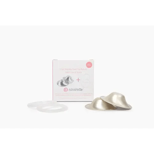 SILVERETTE The Original Silver Nursing Cups, Nipple Covers for Breastfeeding with O-Feel Silicone Rings, XL