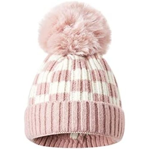Toddler Kids Baby Beanie Hat Knitted Thick Winter Caps Cute Checkerboard Pompom Hats for Girls Boys 1-4 Years Old