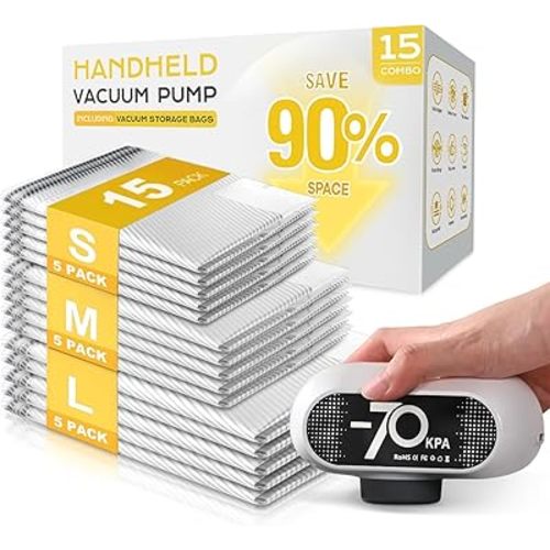15 Pack Vacuum Storage Bags with -70KPa Electric Pump, Premium Tear-Resistant Reusable Bags for Clothing, Space Saving Essentials for Travel, White